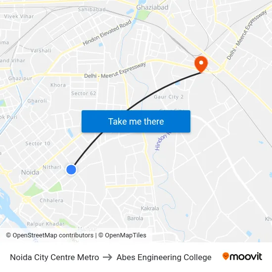 Noida City Centre Metro to Abes Engineering College map