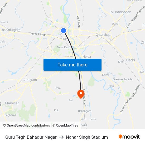 Guru Tegh Bahadur Nagar to Nahar Singh Stadium map