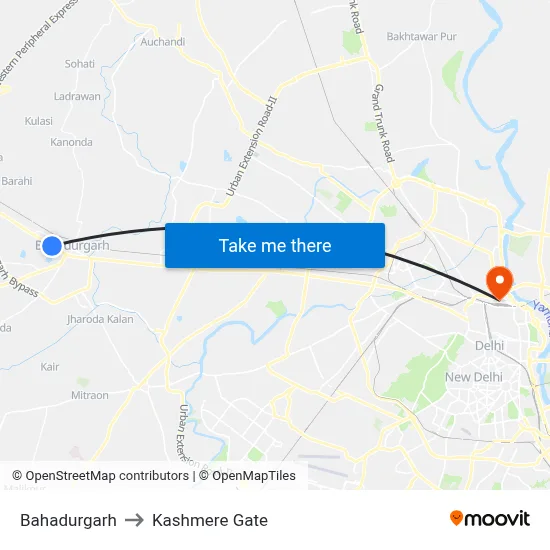 बहादुरगढ़ to कश्मीरी गेट map