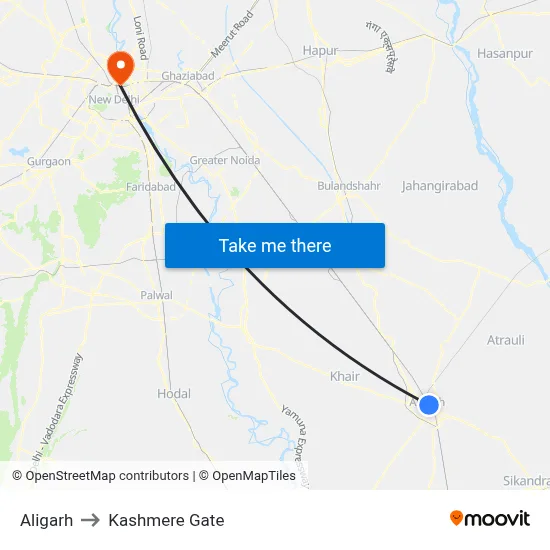 Aligarh to Kashmere Gate map