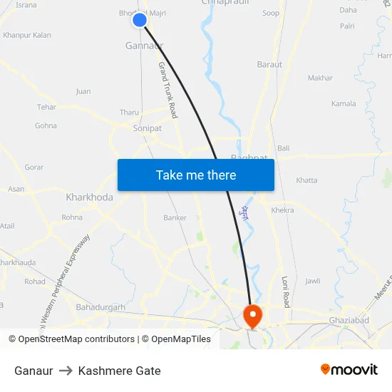 गन्नौर to कश्मीरी गेट map
