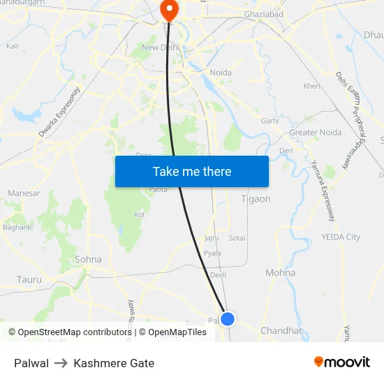 Palwal to Kashmere Gate map