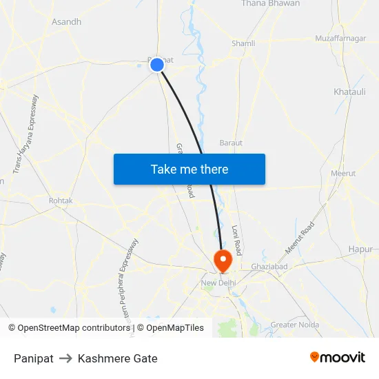 Panipat to Kashmere Gate map