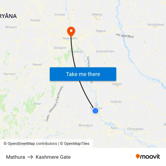 मथुरा to कश्मीरी गेट map