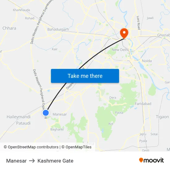 Manesar to Kashmere Gate map