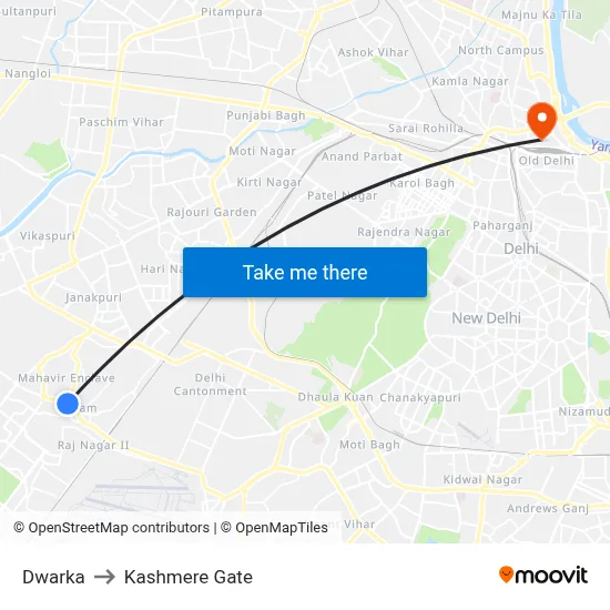 Dwarka to Kashmere Gate map