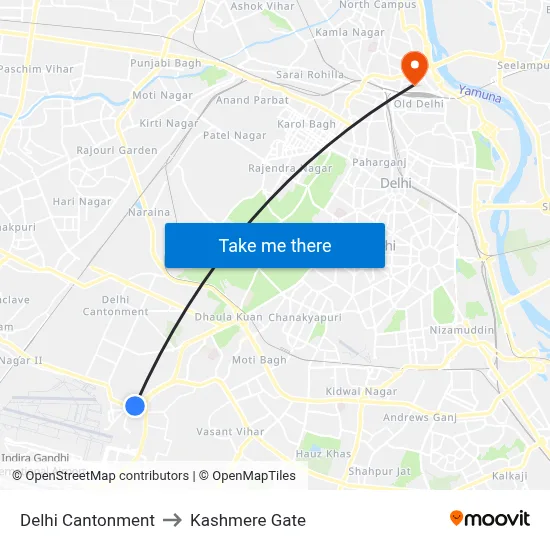 Delhi Cantonment to Kashmere Gate map