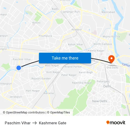 Paschim Vihar to Kashmere Gate map