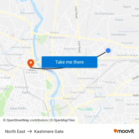 नॉर्थ ईस्ट to कश्मीरी गेट map