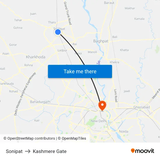 Sonipat to Kashmere Gate map