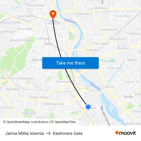 Jamia Millia Islamia to Kashmere Gate map