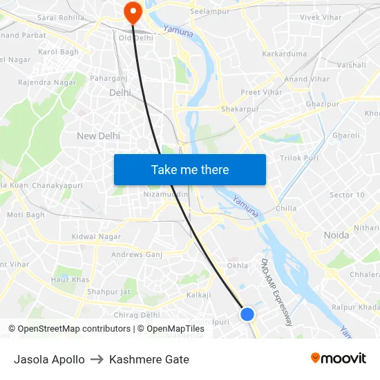 Jasola to Kashmere Gate map