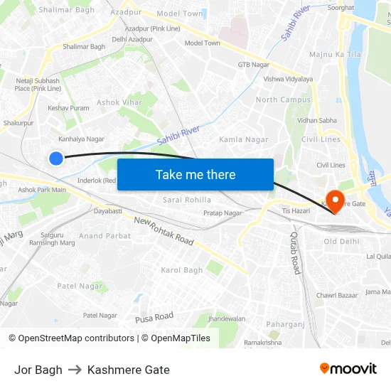 Jor Bagh to Kashmere Gate map