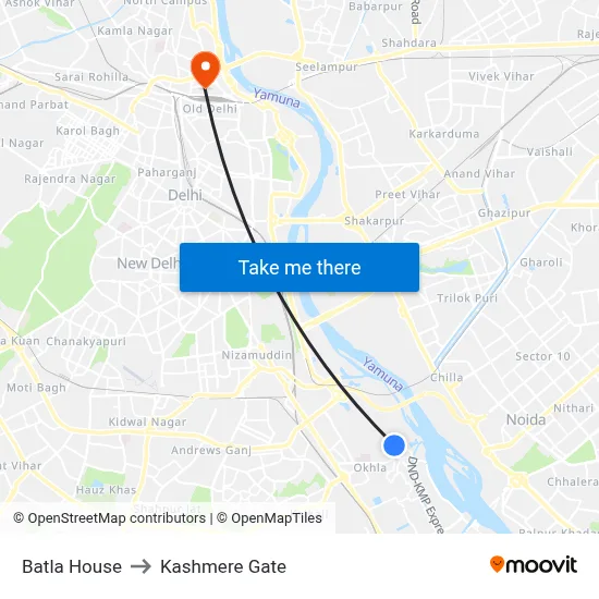 Batla House to Kashmere Gate map
