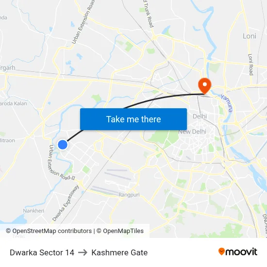 Dwarka Sector 14 to Kashmere Gate map