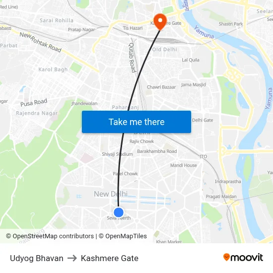 Udyog Bhavan to Kashmere Gate map
