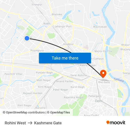 Rohini West to Kashmere Gate map