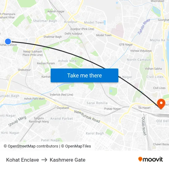 Kohat Enclave to Kashmere Gate map