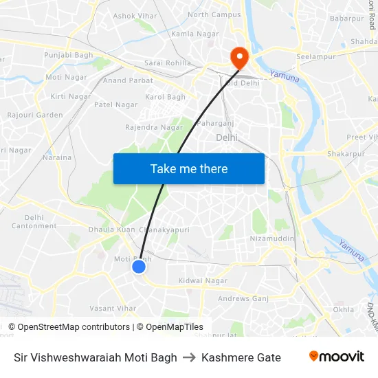Sir Vishweshwaraiah Moti Bagh to Kashmere Gate map