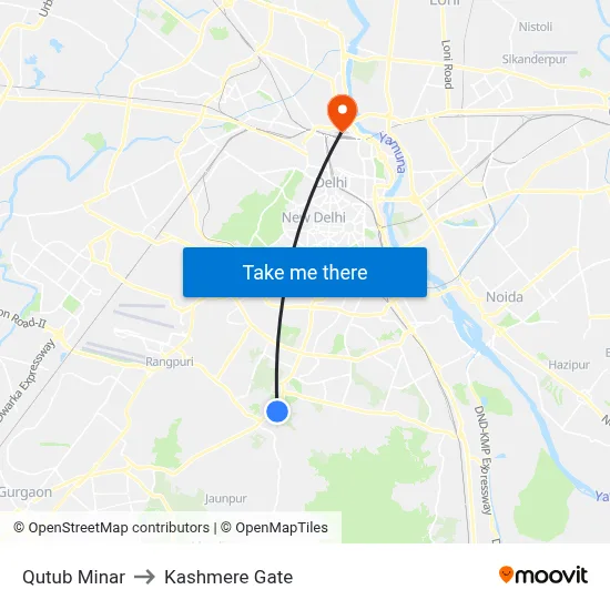 Qutub Minar to Kashmere Gate map