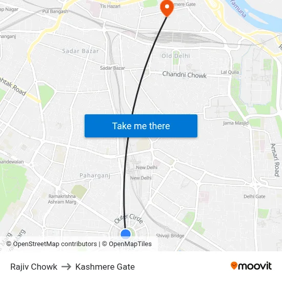 Rajiv Chowk to Kashmere Gate map
