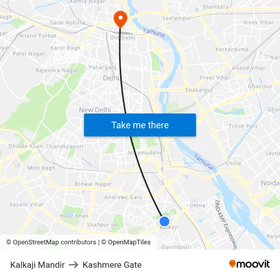 Kalkaji Mandir to Kashmere Gate map