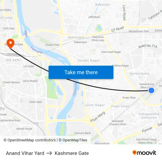 Anand Vihar Yard to Kashmere Gate map