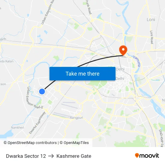 Dwarka Sector 12 to Kashmere Gate map