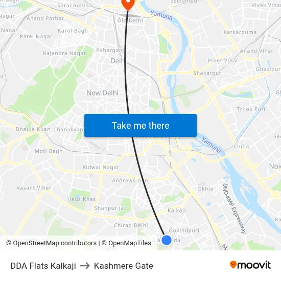 DDA Flats Kalkaji to Kashmere Gate map