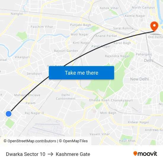 Dwarka Sector 10 to Kashmere Gate map