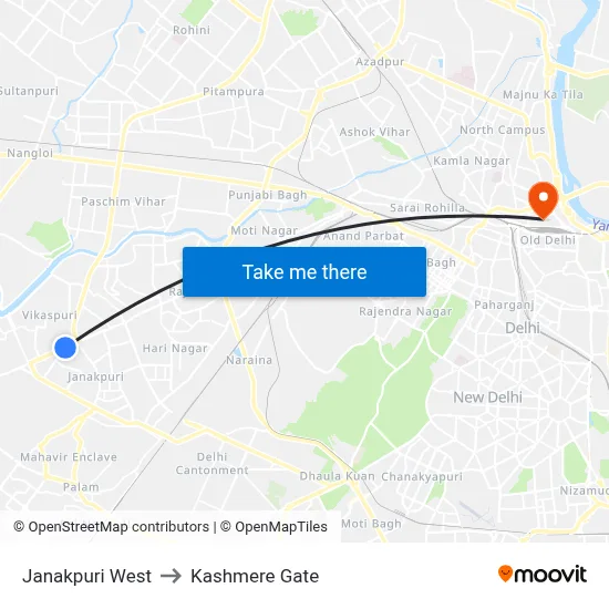 Janakpuri West to Kashmere Gate map