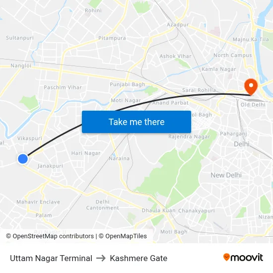 Uttam Nagar Terminal to Kashmere Gate map
