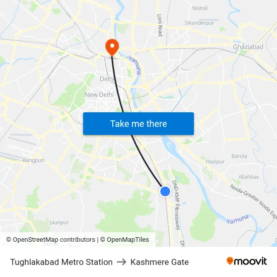 Tughlakabad Metro Station to Kashmere Gate map