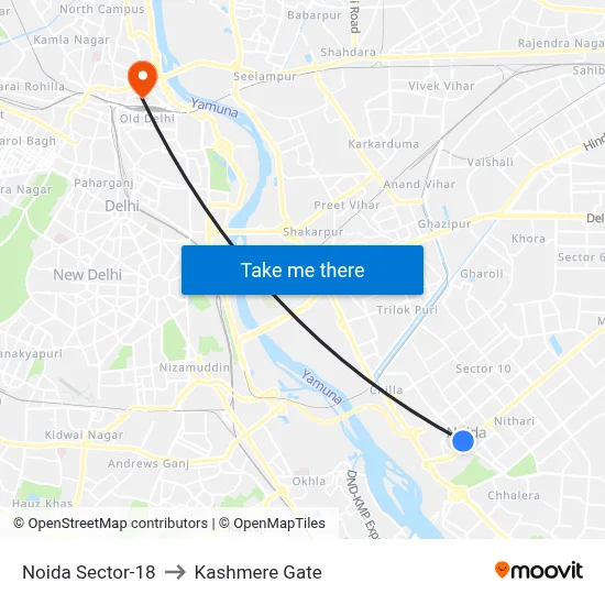 Noida Sector-18 to Kashmere Gate map