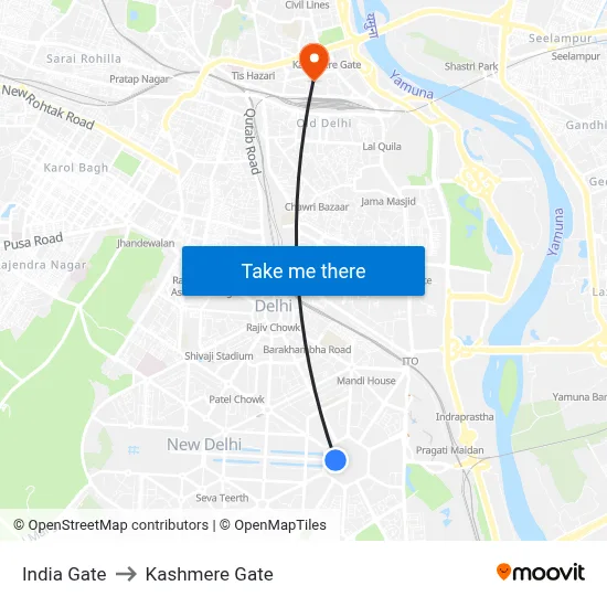 India Gate to Kashmere Gate map