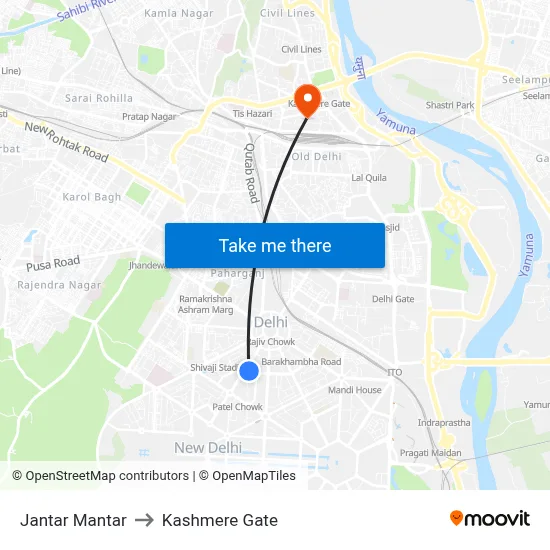 Jantar Mantar to Kashmere Gate map