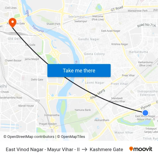 East Vinod Nagar - Mayur Vihar - II to Kashmere Gate map