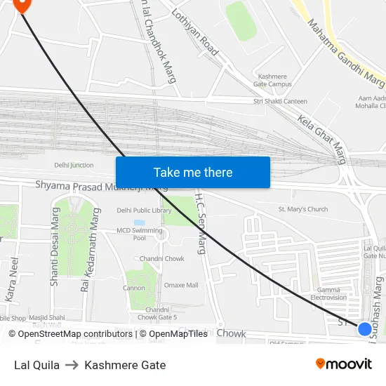 Lal Quila to Kashmere Gate map