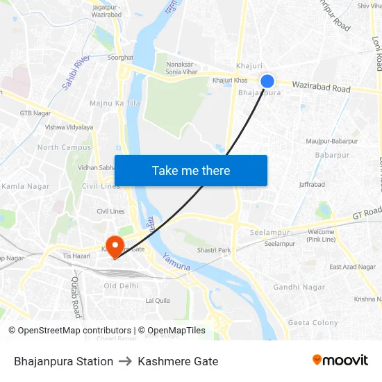 Bhajanpura Station to Kashmere Gate map