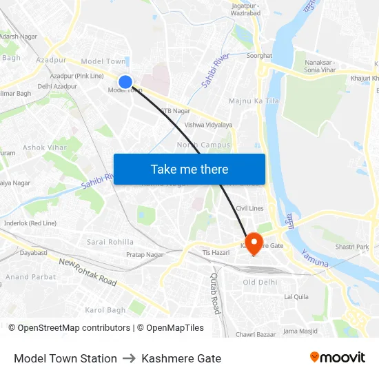 Model Town Station to Kashmere Gate map