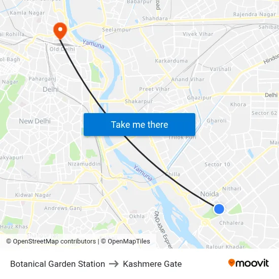 Botanical Garden Station to Kashmere Gate map