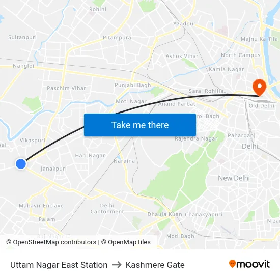 Uttam Nagar East Station to Kashmere Gate map