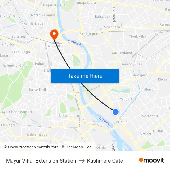Mayur Vihar Extension Station to Kashmere Gate map