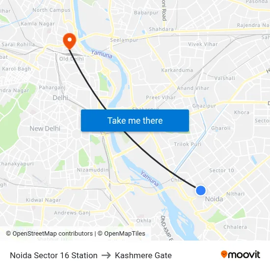 Noida Sector 16 Station to Kashmere Gate map