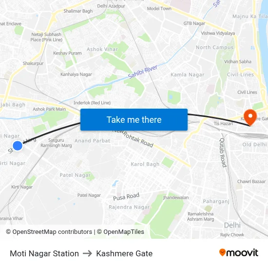 Moti Nagar Station to Kashmere Gate map