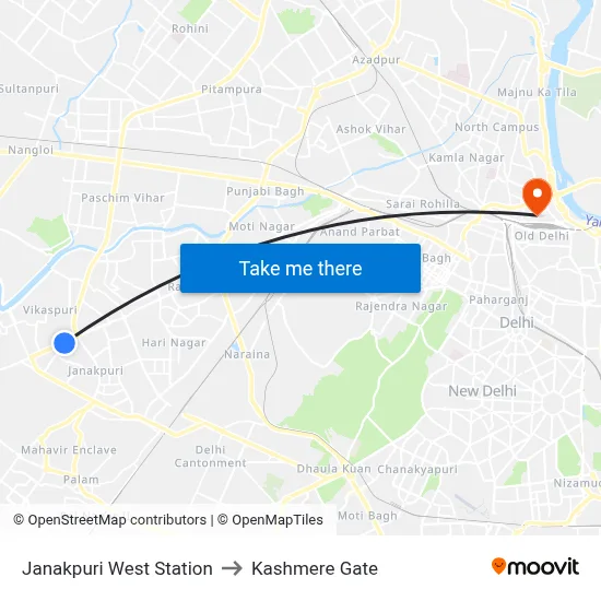 Janakpuri West Station to Kashmere Gate map
