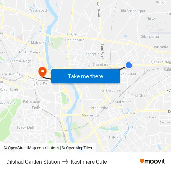 Dilshad Garden Station to Kashmere Gate map
