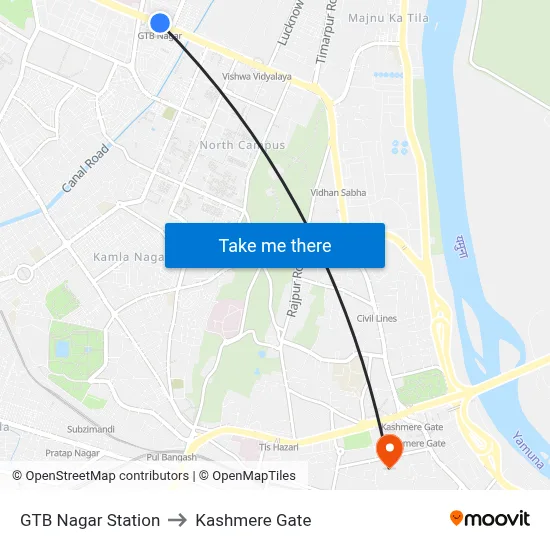 GTB Nagar Station to Kashmere Gate map