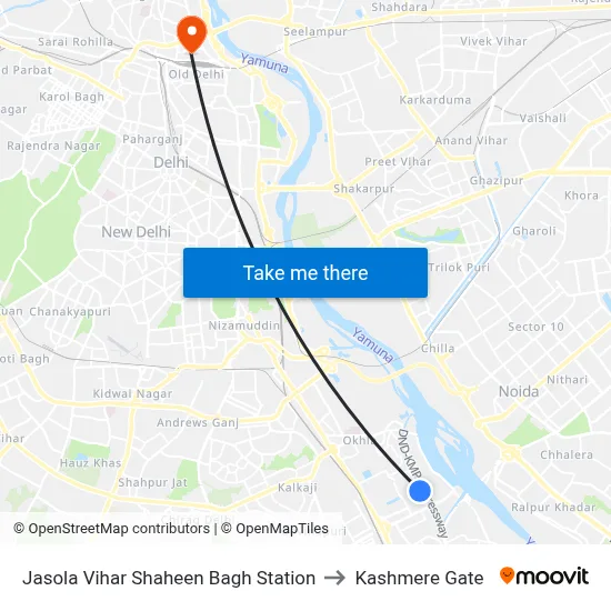 Jasola Vihar Shaheen Bagh Station to Kashmere Gate map