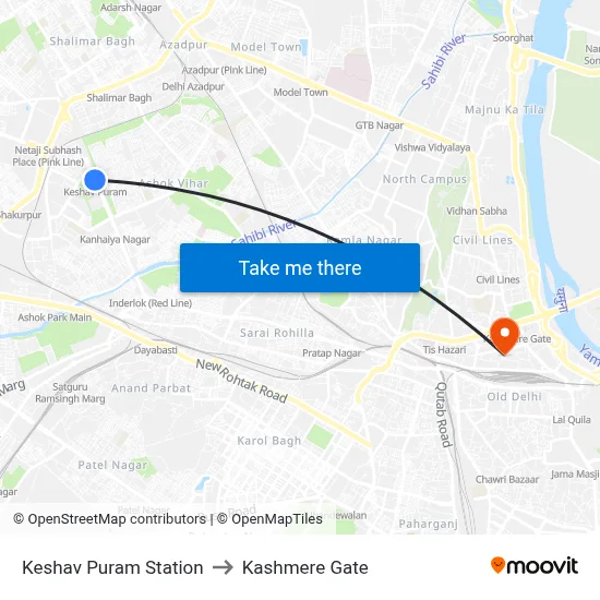 Keshav Puram Station to Kashmere Gate map
